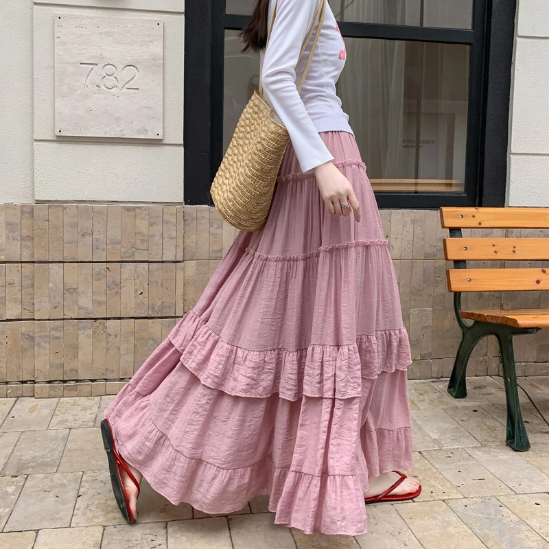 

Летняя женская хлопковая марлевая юбка с высокой талией, А-силуэт, длинная, плиссированная, многоярусная, драпированная, из полиэфирного волокна