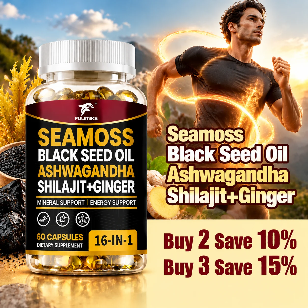 FULIMIKS Seamoss Black Seed Oil Ashwagandha Shilajit Ginger Supplement with Black Seed Oil, Support Gut Health, Stamina, Energy