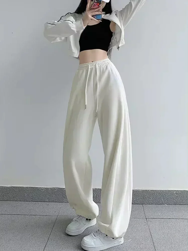 White Wide Leg Pants for Women 2024 Autumn Baggy Sweatpants High Waist Bound Feet Pants Petite Women's Lace Up Straight Trousers