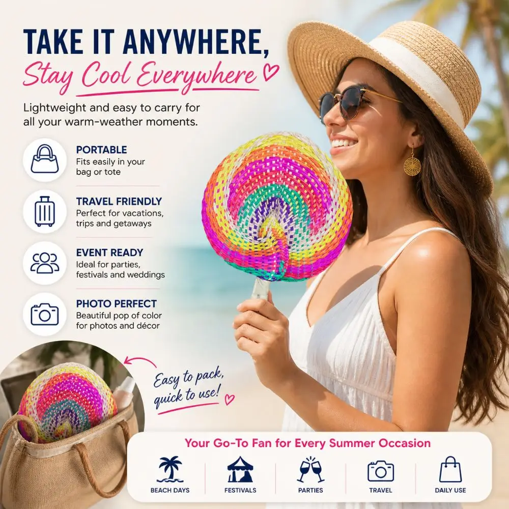 1pc/2pcs Stylish Boho Style Palm Leaf Fan Colorful Round Lightweight Rattan Fan Natural Handheld Straw Fan Dancing Use