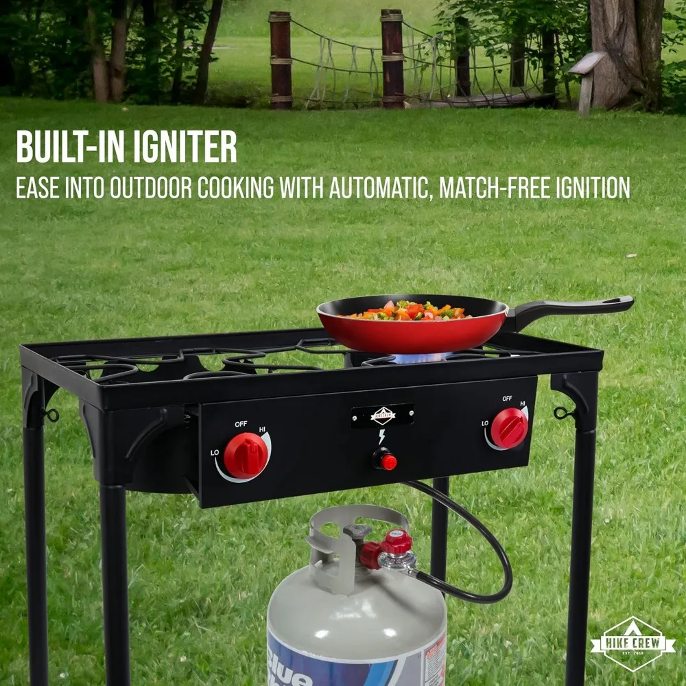 Auto Ignition Double-Burner Outdoor Gas Stove | 150,000 BTU Portable Propane-Powered Cooktop with Blue Flame Control, Removable