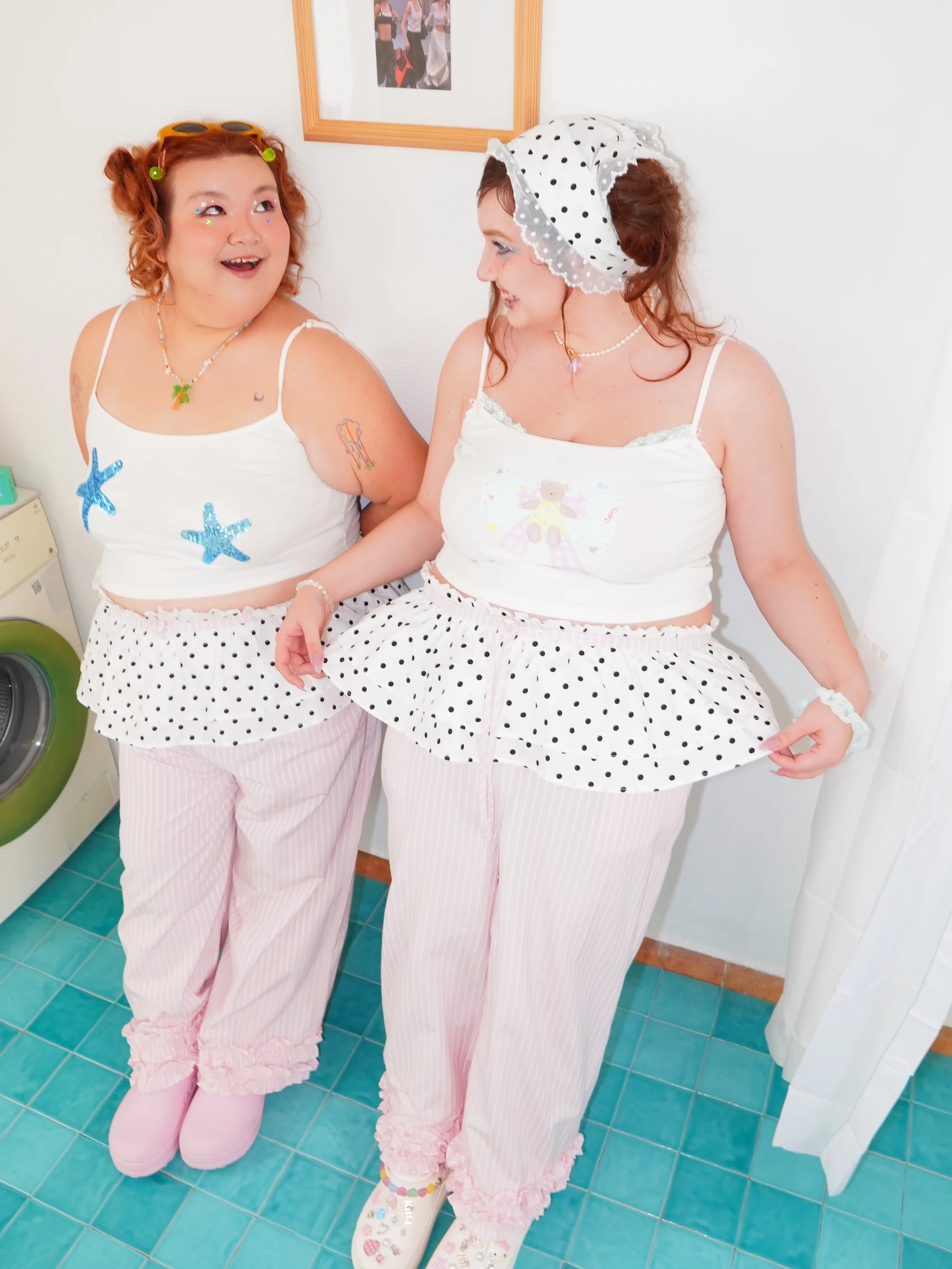 

Original Cute Girl's Polka Dot Skirt Wide Leg Pants Ruffle Hem Striped Design plus Size 200 Pou Cotton Casual Trousers