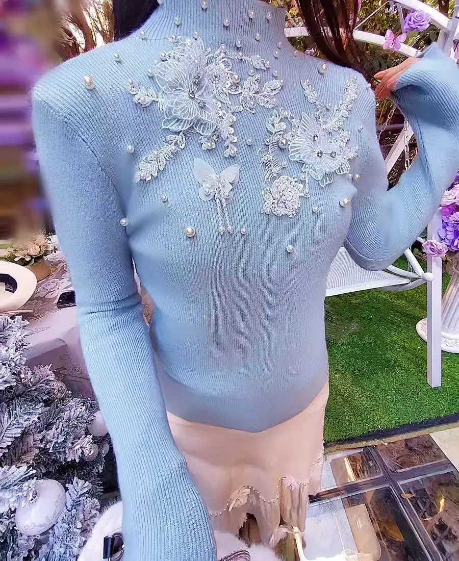 Pull coupe couvertes pour femme, pulls à fond, point de fleurs, perles de poires, tricots d'automne et d'hiver, style de luxe