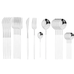 24Pcs Stainless Steel Dinnerware Set Kitchen Fork Spoon Knife Dinner Cutlery Set White Silver Western Flatware Tableware Set