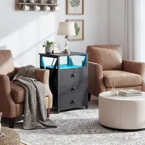 Nightstands Set of 2, LED Night Stand with Charging Station, End Side Tables with USB Port & Outlet, Bedside Table with