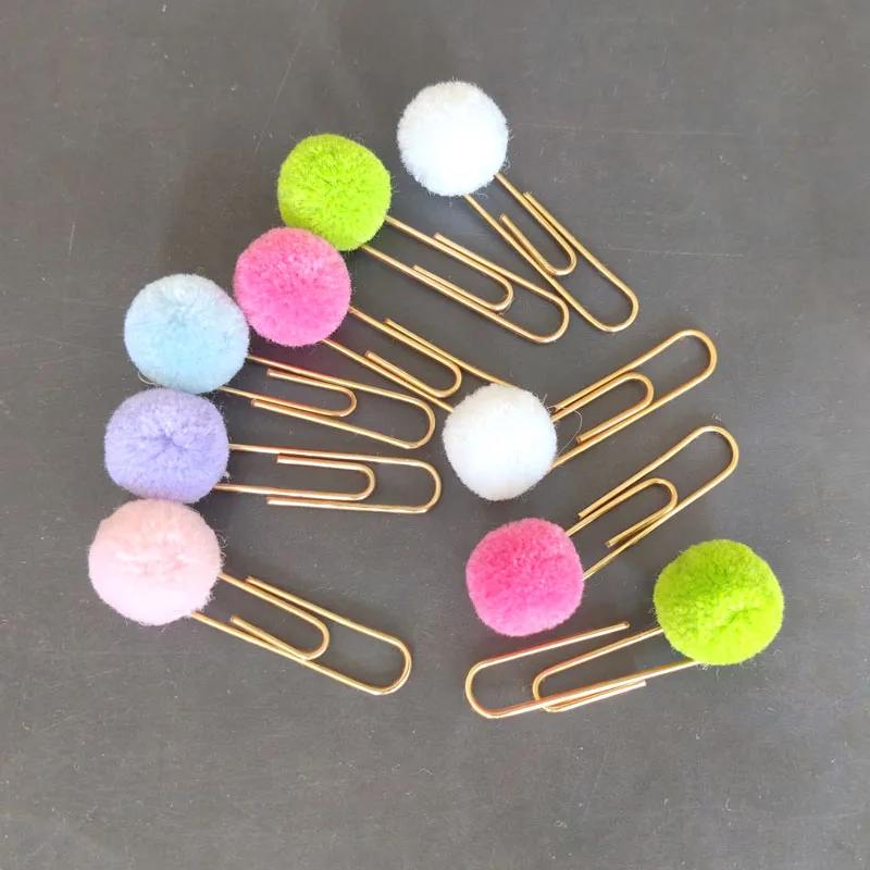60pcs Plush Pompons Metal Paperclips Planner Paper Clamp for Photos Books Notebook Cards Candy Color Scrapbook Stationery Decor