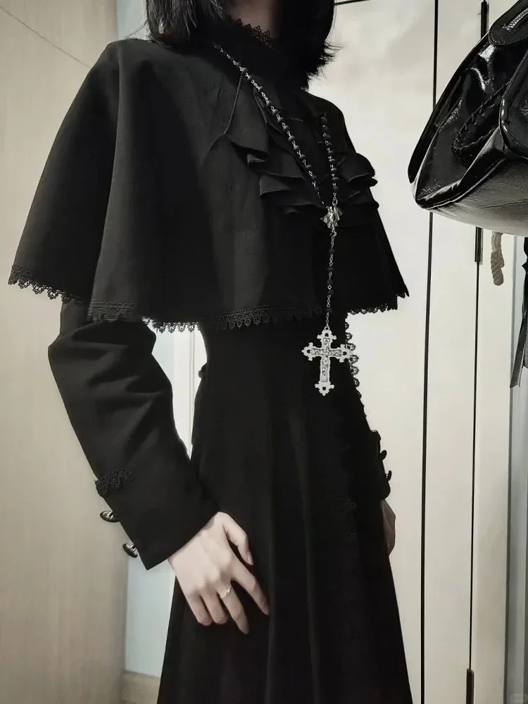 ชุดเซ็ตสองชิ้นสำหรับผู้หญิง สไตล์โกธิค ผ้าลูกไม้แต่งระบาย ทรงเอไลน์ คลุมไหล่ ลายแม่มด ให้เอฟเฟกต์กระชับสัดส่วน