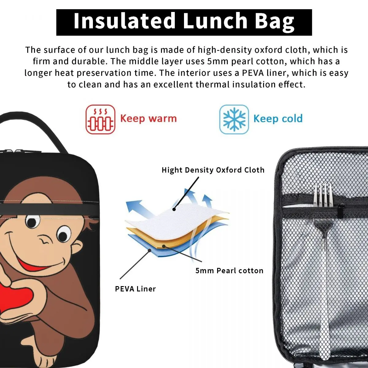 Curious George Is All Heart-Bolsa de almuerzo aislante para mujer, enfriador térmico de la serie de TV, Bento Box, para playa, Camping y viajes