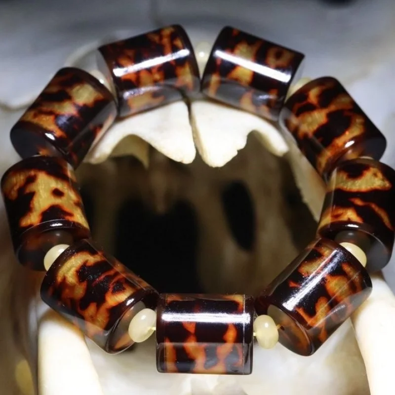 Natural mountain tortoise shell leopard pattern Tibetan- barrel beads ethnic style unisex Buddhist bead bracelet