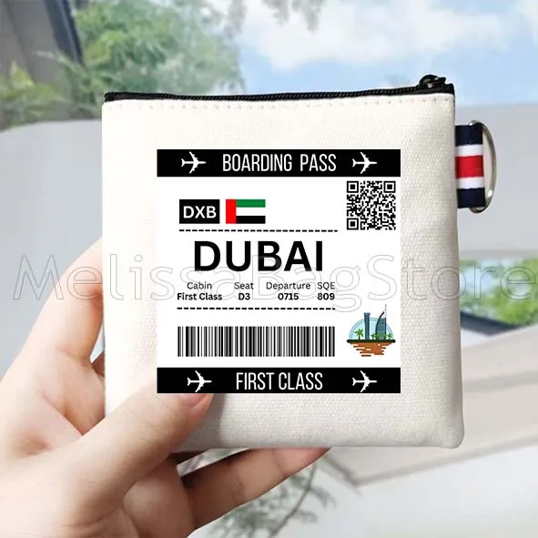 Toronto Amsterdam Barcelona Bangkok Dubai Boarding Pass Canvas Coin Purse Bag Square Bag Key Storage Card Wallet Zipper Pouch