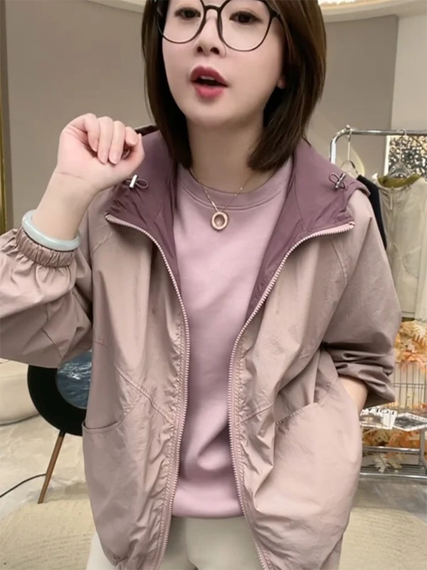 

Повседневная модная женская куртка с капюшоном, новинка ранней осени, двусторонняя, на молнии, легкая ветровка