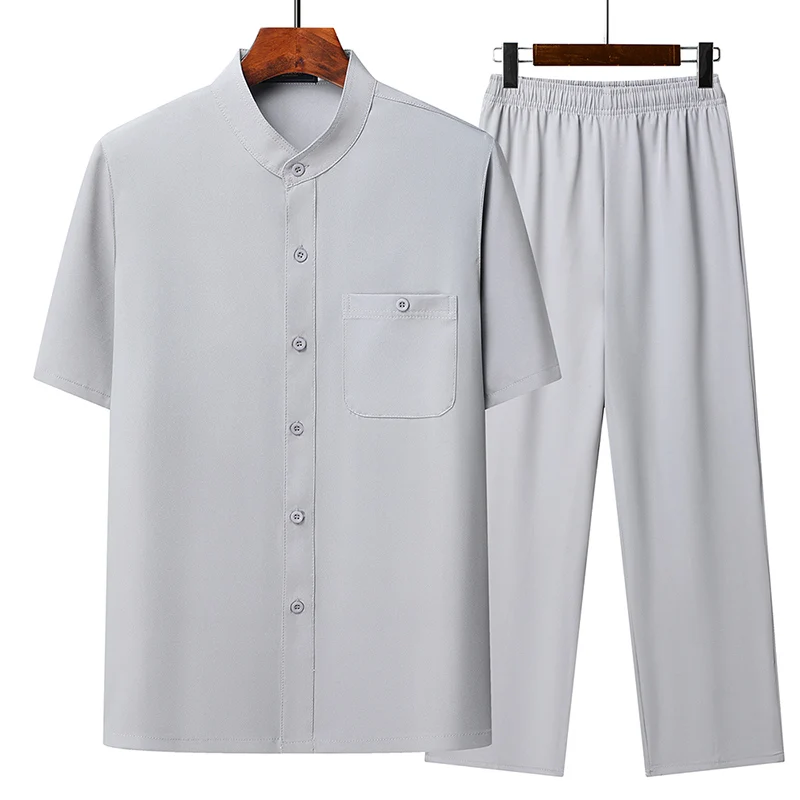 بدلة تانغ على الطراز الصيني للرجال في منتصف العمر وكبار السن ، بذلة تانغ حرير ثلجي فضفاضة ، قميص بياقة قائمة ، بنطلون علوي ، على الطراز الصيني