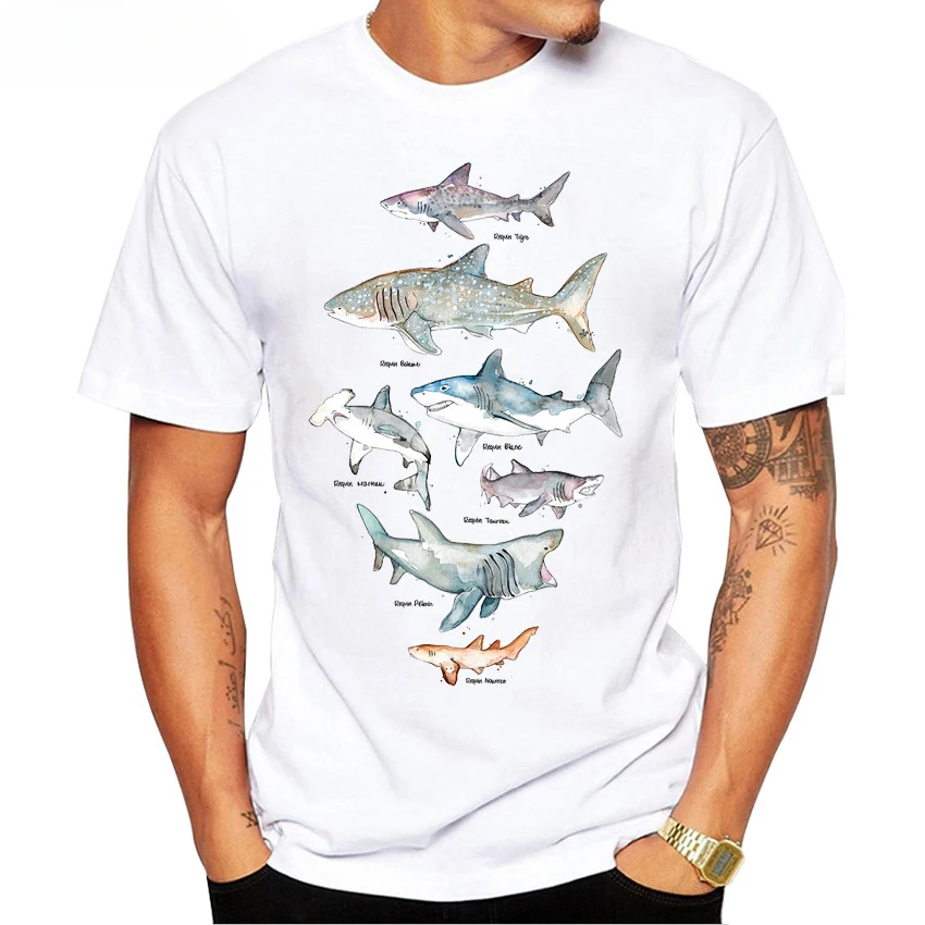 Harajuku Design Great White Shark And Hammerhead Shark Species T-Shirt Fashion Men T-shirts Whales Print Hipster Tops Man Tee