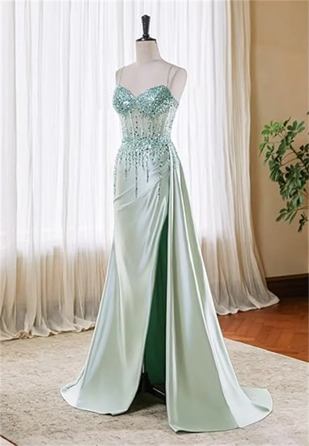 

Customized Women Sparkly Beaded Long Prom Dresses With Slit V Neck Mermaid Bridesmaid Dress Spaghetti Straps Satin Evening Gowns