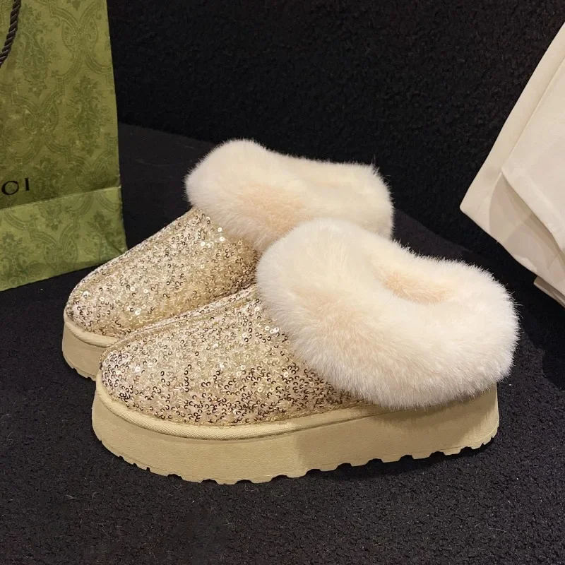 Winter Faux Fur Winter Boots Glitter Women Non Slip Plush Snow Boots Woman Thick Bottom Warm Cotton Shoes Platform Botas Mujer