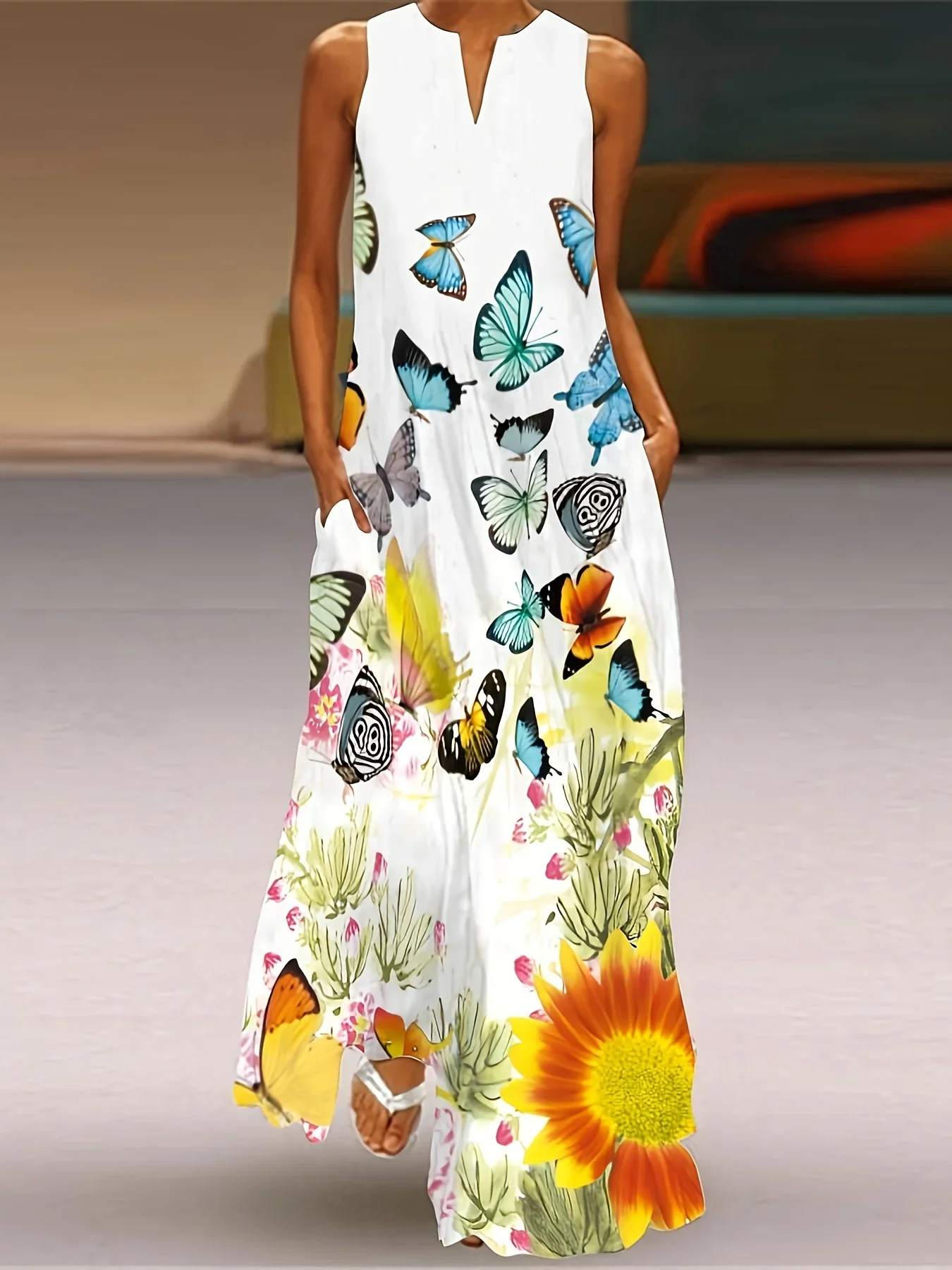 Women's Summer Long Dress Ladies Simple Butterfly Flower Print V-Neck Dress Showing Face Elegant Party Dress Women's Beach Dress