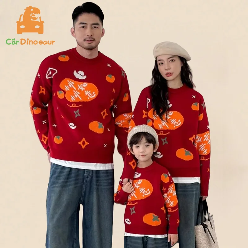 

1-12 Years Sibling Girl Boy Knitted Tops S-3XL Adults Mom Dad Daughter Son Family Matching Outfits Red Chinese New Year Sweater