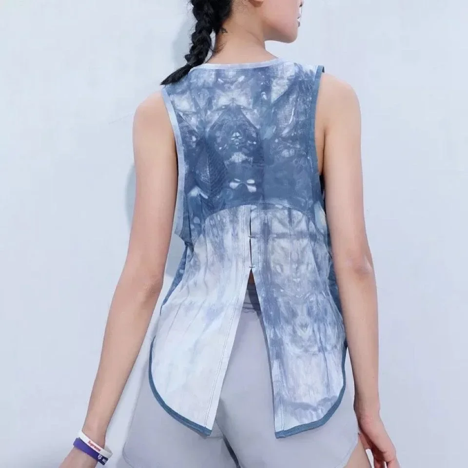 Damska koszulka sportowa bez rękawów, szybkoschnąca, luźna, do biegania, na siłownię, z odkrytymi plecami, z siateczki, typu smock, do jogi.