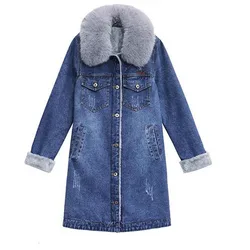 Denim Fleece  Women's2022 Winter New Big Fur Collar Mid-Length Lamb Velvet Stitching EmbroideryKeepwarm Cotton Coat Women