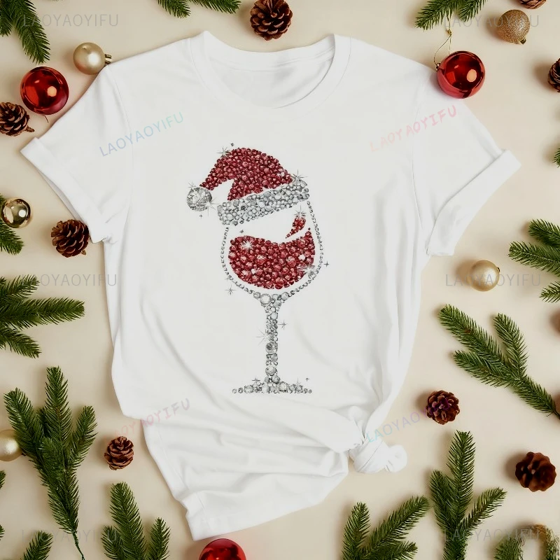 Wine Glasses with Santa Hat Shirt Wine Lover Tees Christmas T Shirt Xmas Party Shirt Christmas Funny Party Tees Simple Style