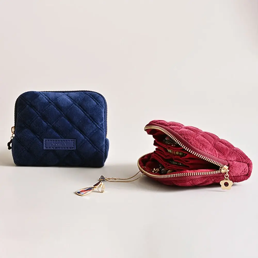 Velvet Jewelry Storage Bag Diamond Pattern Large Capacity Jewelry Organizer Little Fragrance Wind Tassel Zipper