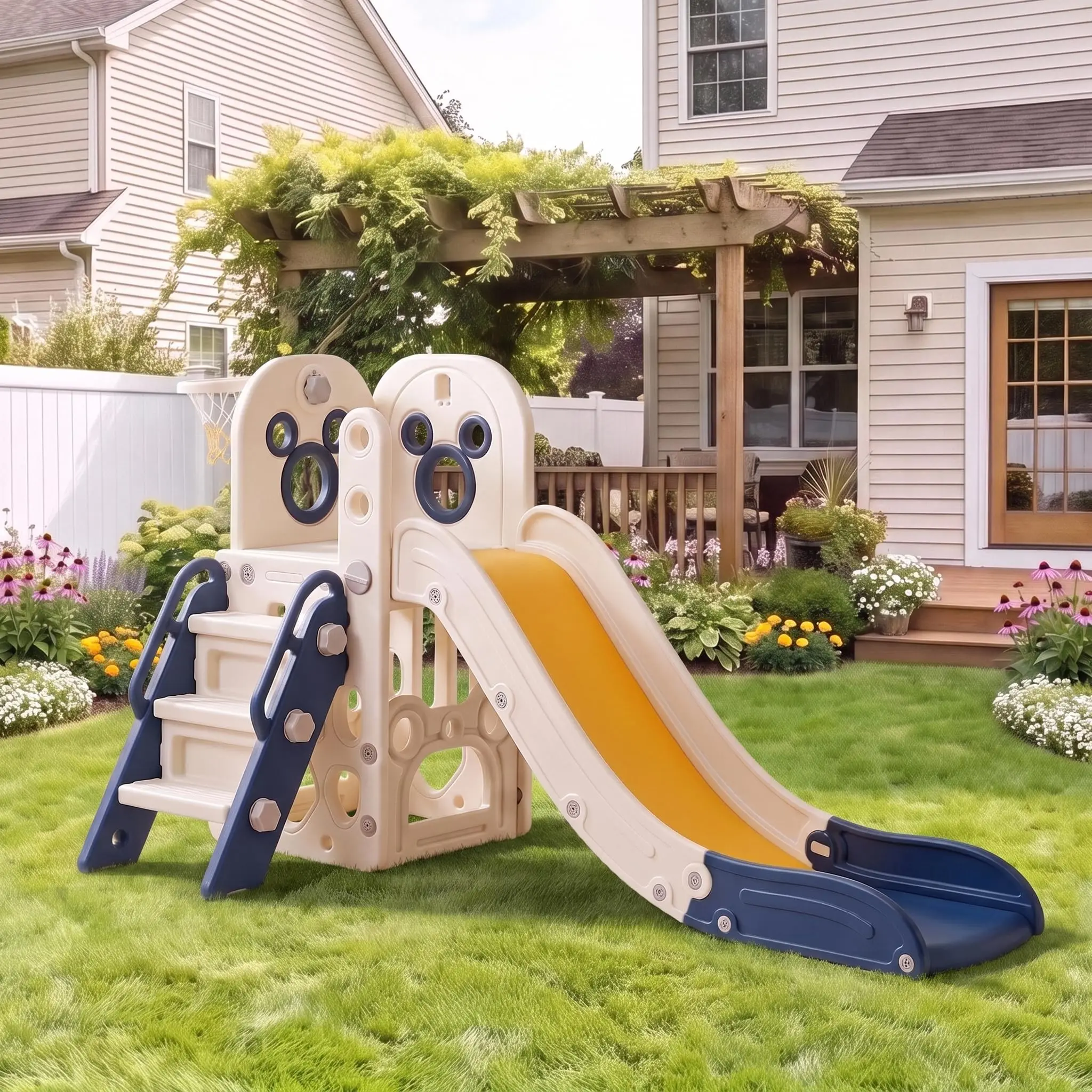 6 in 1 Toddler Slide Playset, Sturdy L-Shaped Climber with Basketball Hoop Indoor Outdoor Playground for Kids,Baby Activity Center view 8