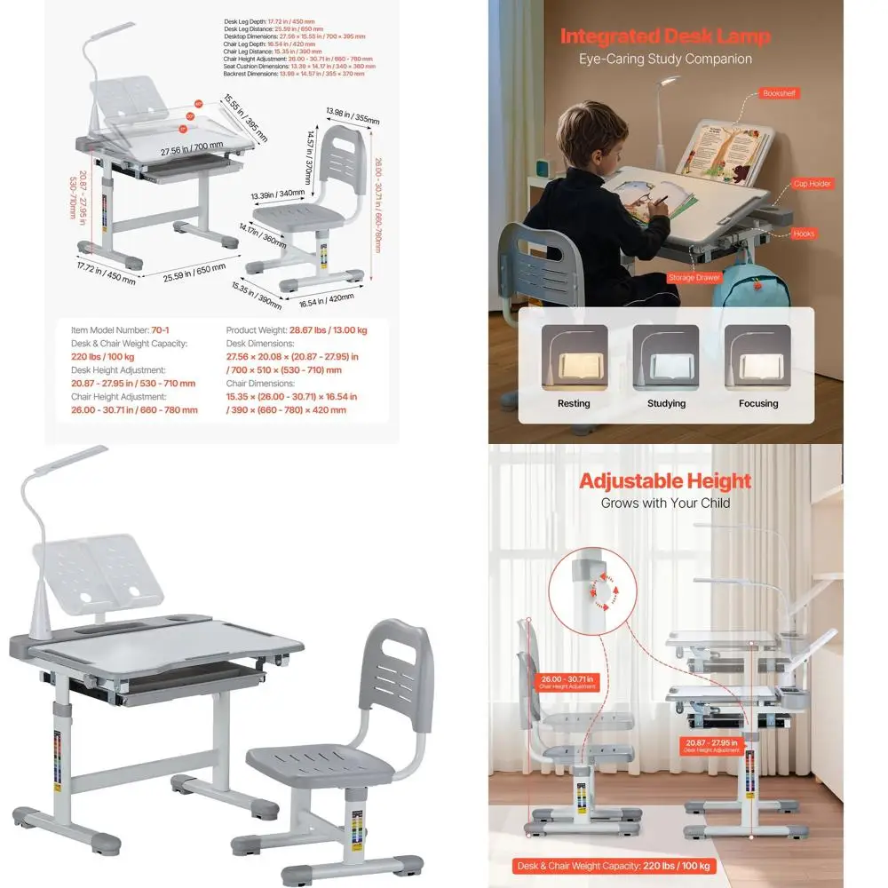 

Adjustable Kids Study Desk Set with Lamp, Grey, for Bedroom & Study Room