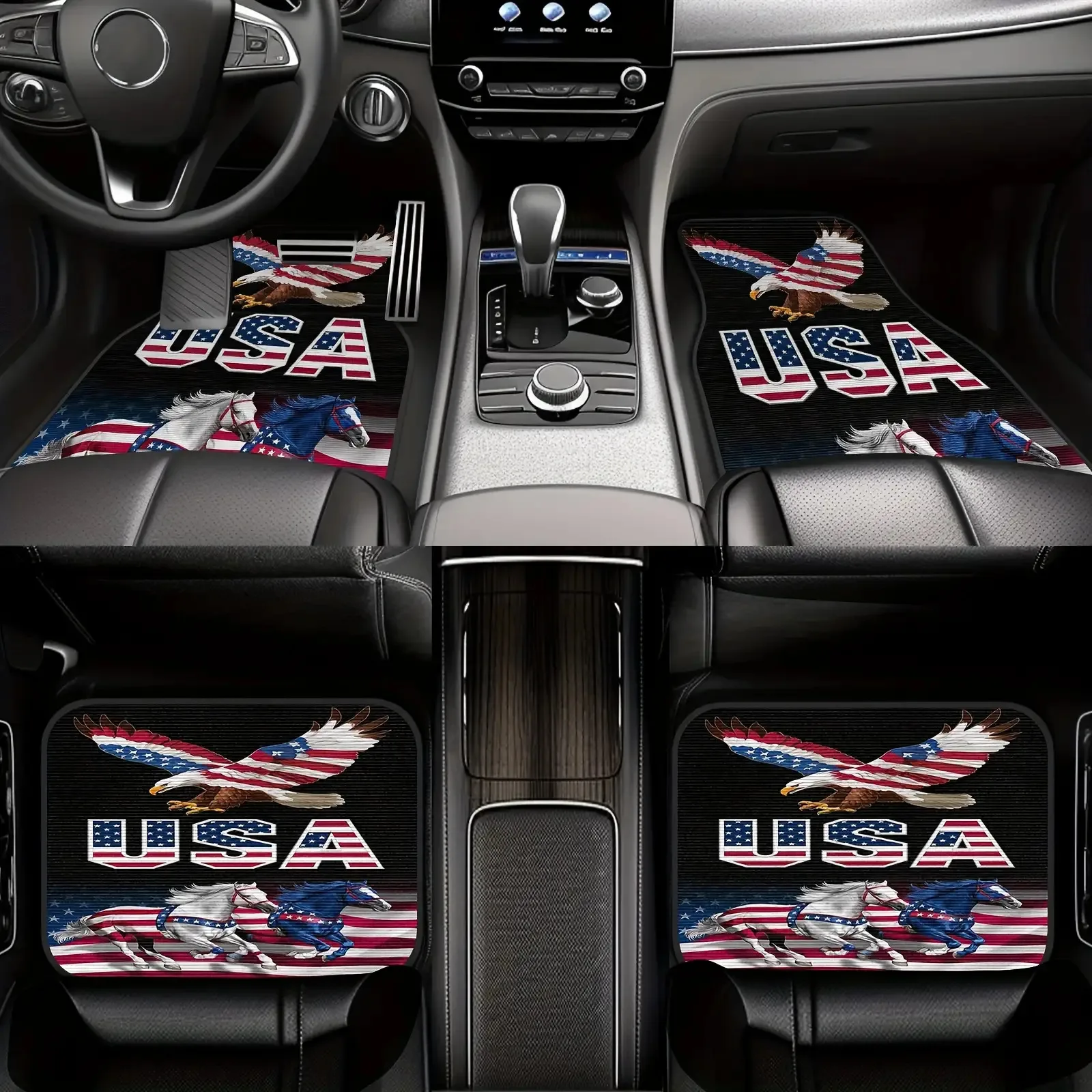 4pcs American-Style Eagle And Horse Car Rubber Floor Mats Featuring A USA Flag Theme. These Universal Carpets Are Made Of Durabl