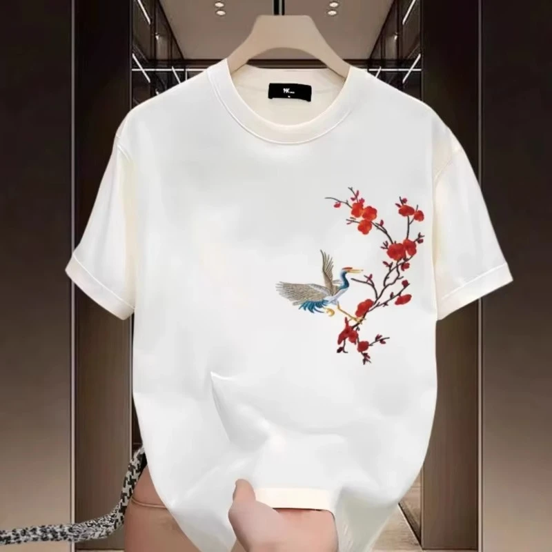 Unisex Chinese Style Crane Plum Blossom Graphic T Shirt Chest Print Short Sleeve Crew Neck Casual Oriental Tee Men Women