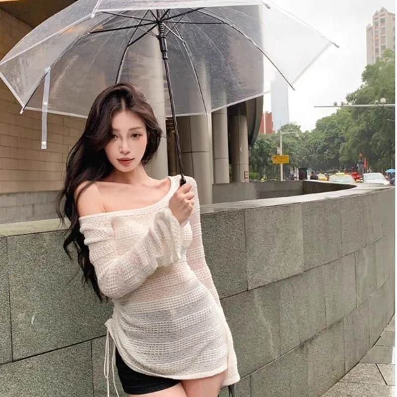 

White Hollow Out Open Shoulder Long Sleeve Women Knitted T Shirt Summer Loose Drawstring Sun Protection Blouse Sexy Sweet Dating