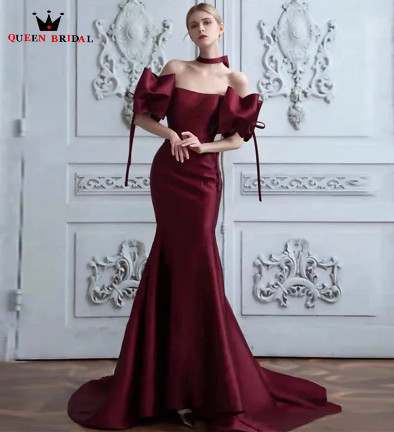 Vestido de noite longo sereia bordô cetim feminino, elegante, mangas grandes, sem alças, sem encosto, com renda, vestido de festa formal, personalizado