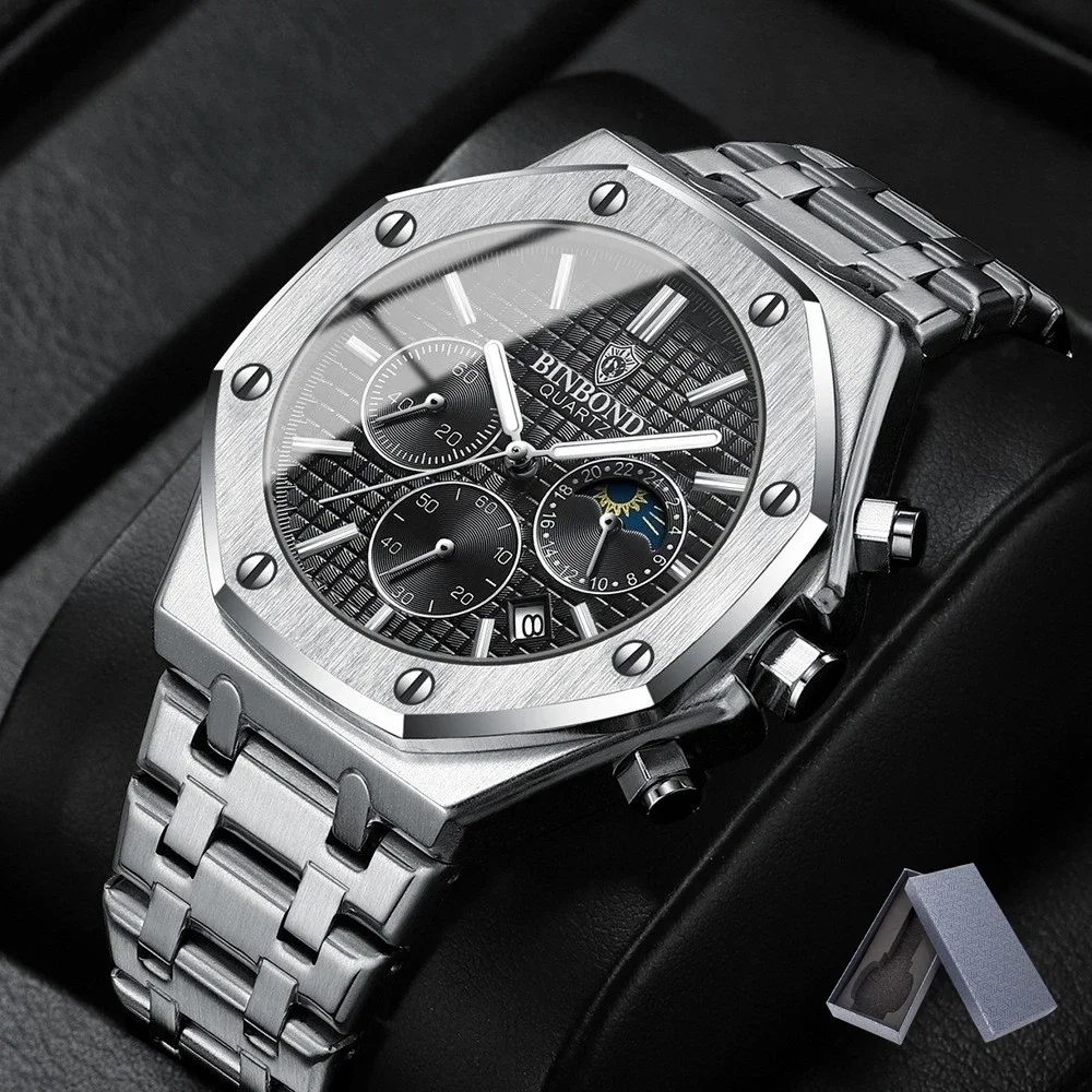 2024 BINBOND B0161 Top box Brand Man Casual Quartz Watch Luxury Luminous Wristwatch Stainless Steel Waterproof Men Clock