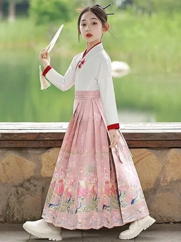 Chinese Traditional Costume Horse Face Skirt for Girls Summer Childrens Ancient Clothing Hanfu Suit National Style Daily Cosplay