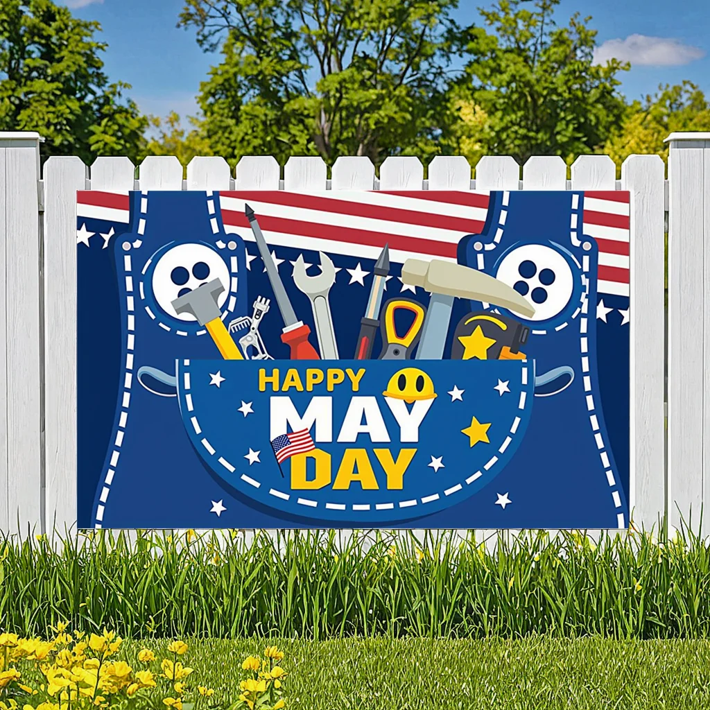 لافتة يوم العمال بخلفية زرقاء، لافتة يوم سعيد، لافتة احتفال بالولايات المتحدة الأمريكية لحدث حفلات الاحتفال بعيد العمال
