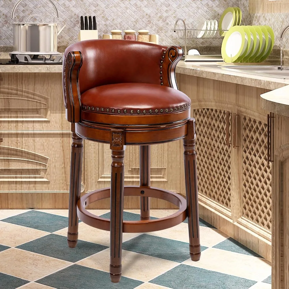등받이와 발판이 있는 가죽 쿠션 회전 바 스툴, 카운터 높이, 가정 및 주방용 고무나무로 제작