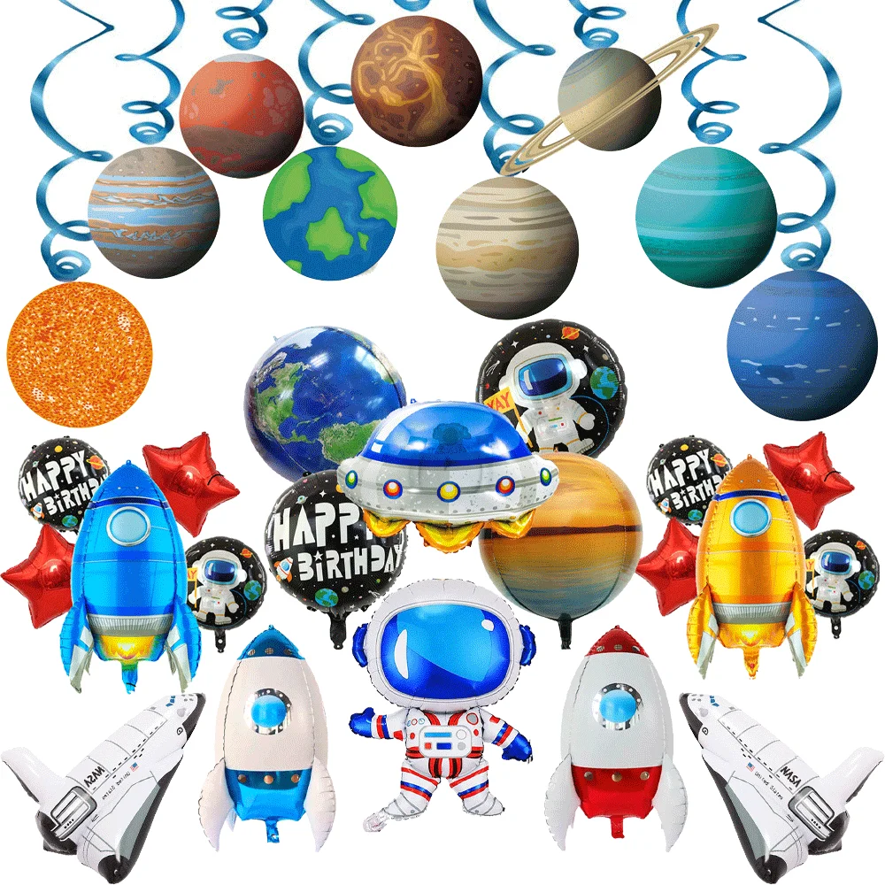 Outer Space Birthday Decoration Rocket Astronaut Theme Balloon Galaxy Solar System Spiral Planet Hanging NASA Party Supplies set