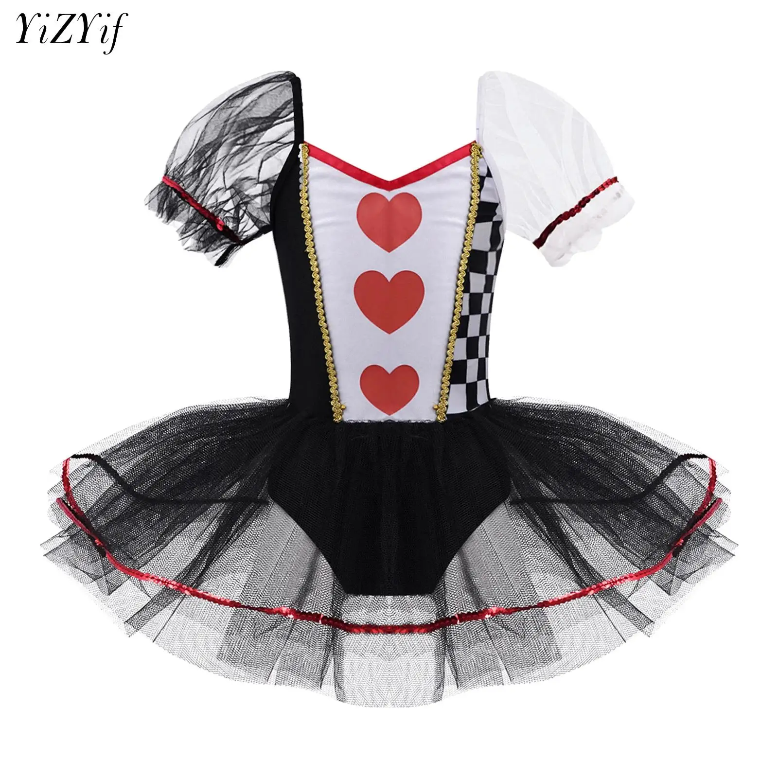 Kids Girls Ballet Tutu Dress Ballerina Short Sleeve Checkerboard Dancewear Jumpsuit Halloween Cosplay Stage Performance Costume