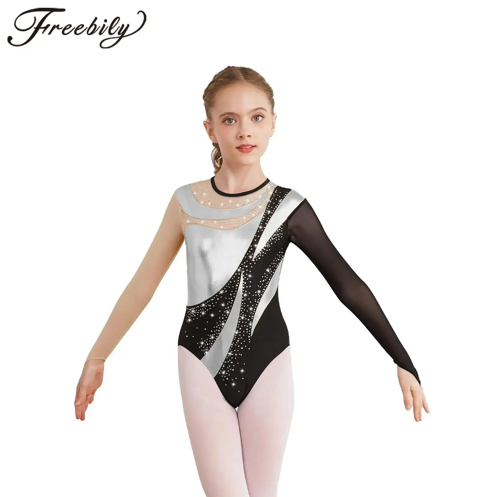 

Kids Girl Rhythmic Gymnastics Jumpsuit Dancewear Shiny Long Sleeve Ballet Dance Leotard Figure Skating Costume Yoga Bodysuit