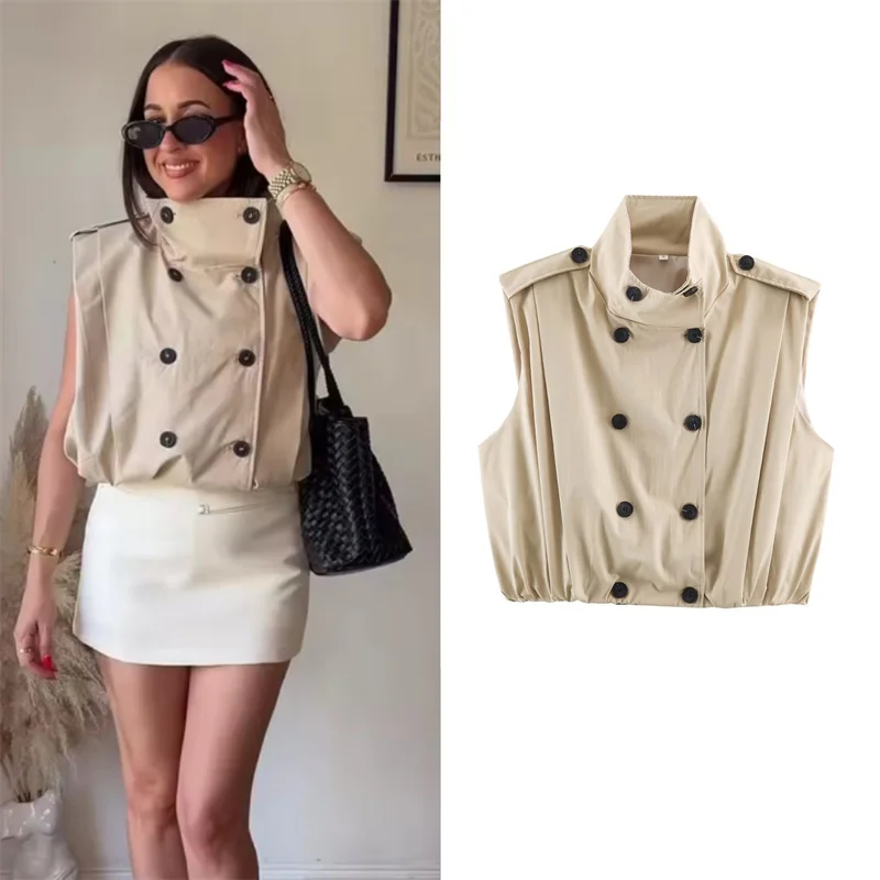 Guobioziy Women's Top 2026 Spring and Autumn New Fashionable Versatile Solid Color Stand Collar Pleated Button Vest