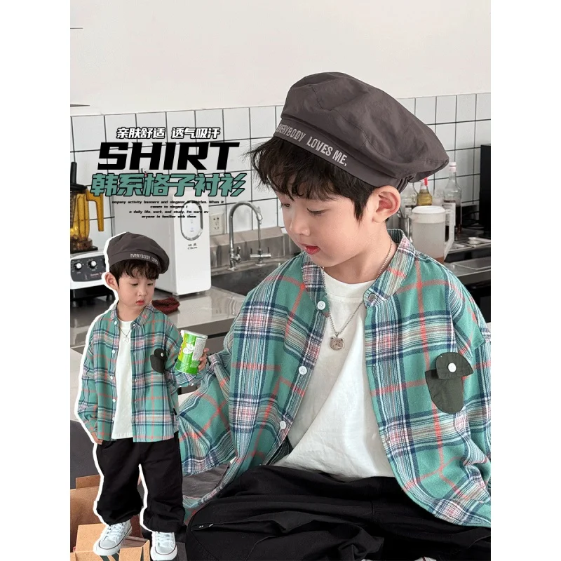 2024Spring Boys' Plaid Shirt Long Sleeve Middle and Big Children's Spring Clotheskids shirtChildren's ShirtAis