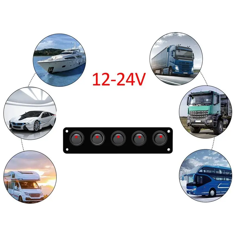 Authentic 2X 5 Gang Round Dash Rocker Toggle Switch Panel Waterproof 12-24V LED For RV Ship Yacht Marine Car Marine Ship Red