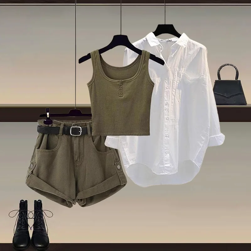 

Spring Fashion Small Size Three-Piece Set Long Sleeve Shirt Tank Top with Denim Shorts Stylish Casual Outfit for Women