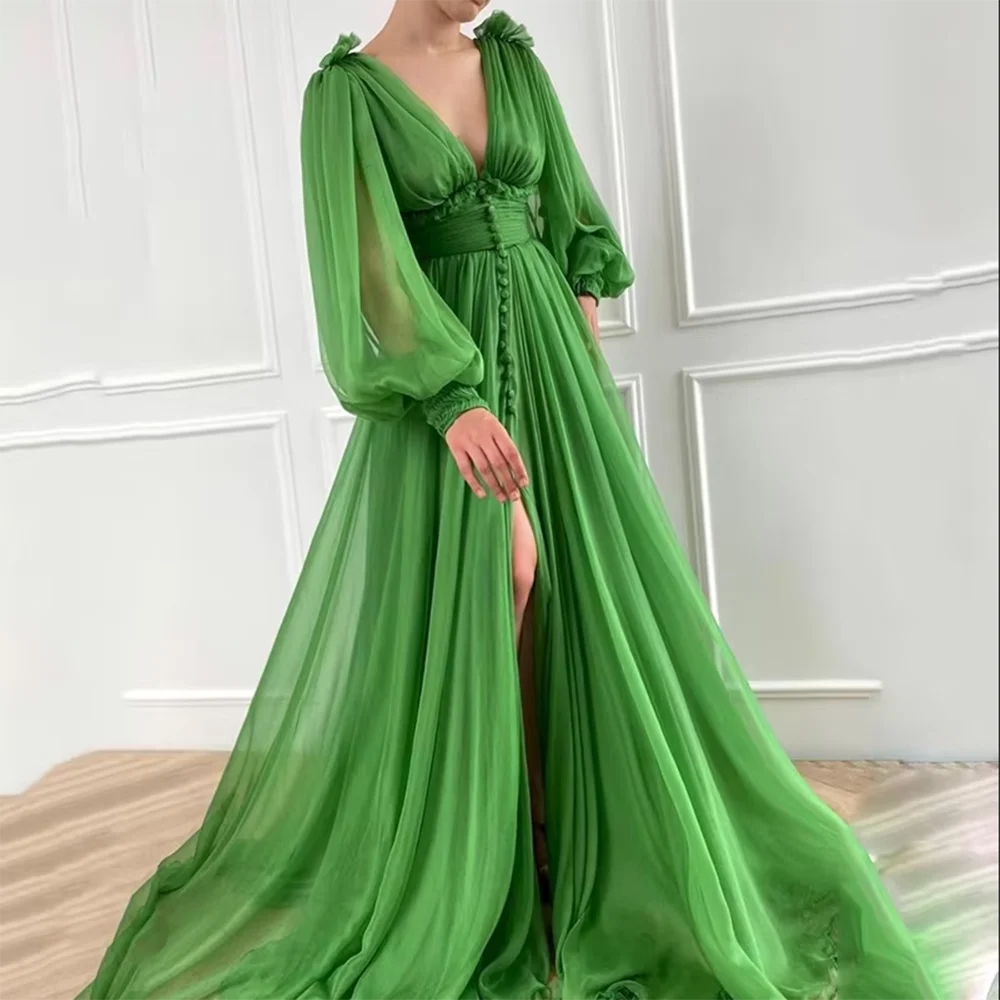 New Arrival Green V-Neck Long Puff Sleeves Tulle Prom Dress Elegant A-Line Draped Evening Dresses Ruffled Long Party Dresses