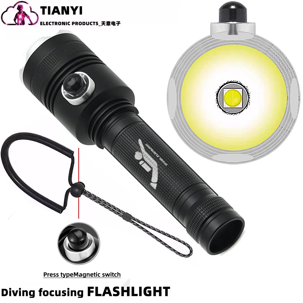 XHP70 diving flashlight 1 section charging 18650 switch LED spotlight waterproof super bright aluminum alloy flashlight