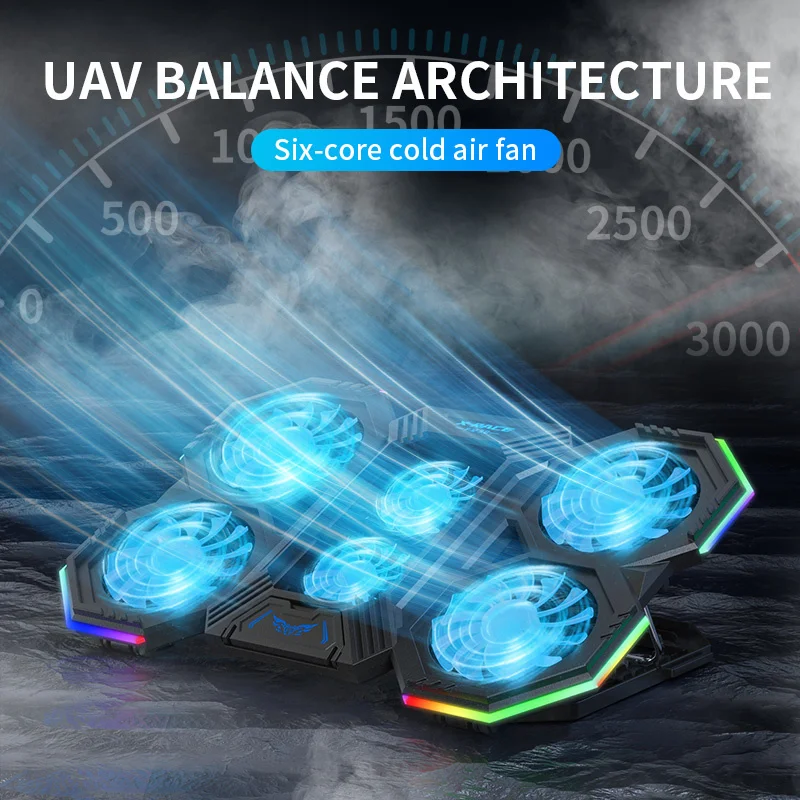 Laptop Cooling Pad RGB Gaming Notebook Cooler Laptop Fan Stand Adjustable Height with 6 Quiet Fans and Phone Holder