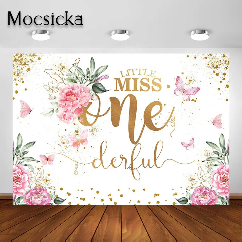 

Mocsicka Miss Onederful Party Backdrop Pink Floral 1st Birthday Photography Background Girl's First Birthday Party Decorations