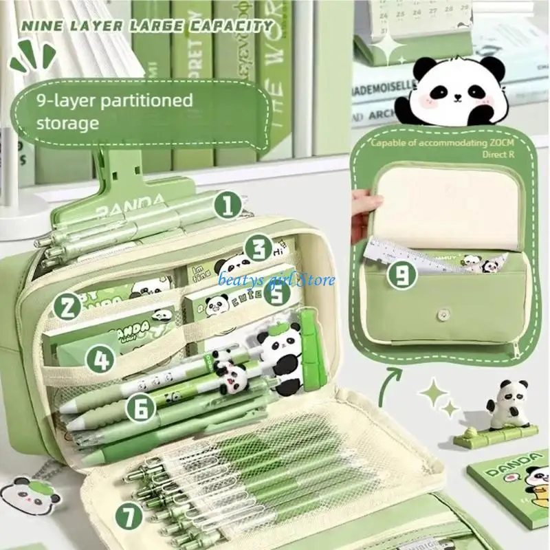 

C7AB 9 Section Educational Storage Bag Cultural Panda Pattern Canvas School Supplies For Students Professionals