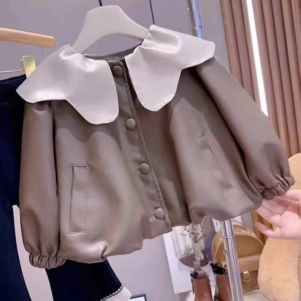 Jaket PU Anak Perempuan Musim Semi dan Gugur 2025 Model Baru Mantel Kulit Kerah Anak-anak Pakaian Luar Anak Usia 2-7 Tahun