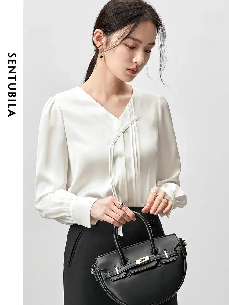 SENTUBILA Donna Elegante Camicetta Bianca 2025 Primavera Scollo a V Perla Fibbia Pieghe Manica Lunga Donna Top Donna Vestiti 143V55443