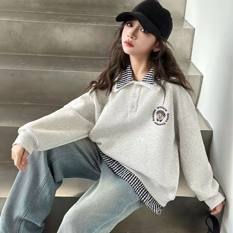 Tween Girls' 2025 New Spring Stylish Two-Piece Shirt Collar POLO Double-Layer Crewneck Sweatshirt for Middle-Big Kids